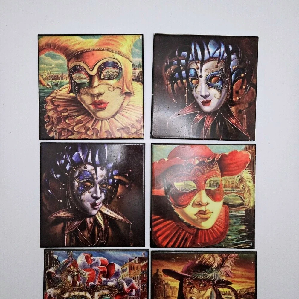 Domosa Venetian Carnival Coaster‎ Set Ceramic Multicolor Mask Jester Venice Art